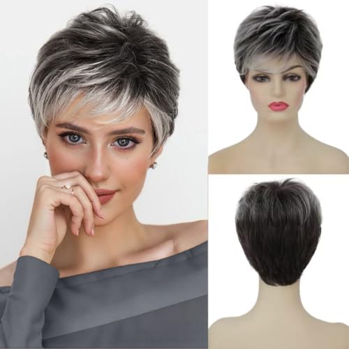 Swiking Women Short Grey Pixie Cut Wig with Bangs Dark