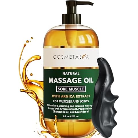 Cosmetasa Sore Muscle Massage Oil with Deep Tissue Massager - Thumb Saver and Oil Soothes Muscle and Joint with Arnica Extract, Peppermint, Chamomile, and Lavender Oil 8.8 Fl Oz. Cover