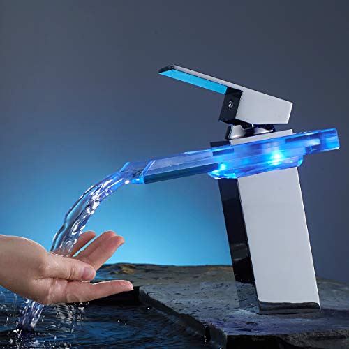ROVATE Bathroom Sink LED Waterfall Faucet 3 Colors Changing Temperature Control Light Mixer Polished Chrome Tap
