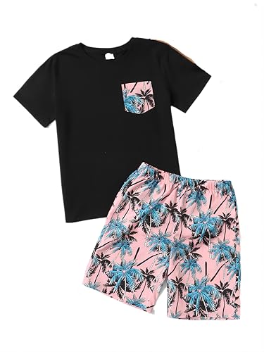 Image of Floerns Boy's 2 Piece Outfit Summer Tropical Short Sleeve Tee Shirt and Shorts Set