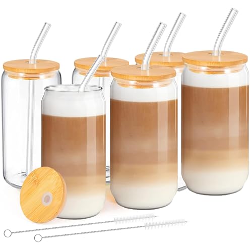 Cocktailgläser mit Deckel und Strohhalm, Trinkgläser Eiskaffee Gläser,Fanny Aesthetic Deco Glas,Cocktail Gläser,Longdrinkgläser Glasbecher für Smoothie,Latte,Macchiato,Whiskey,Geschenk (6Pack)