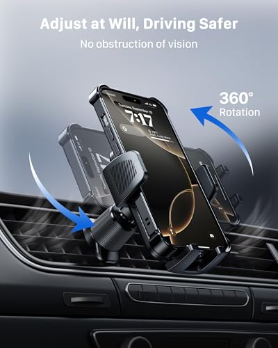 YOSH Car Phone Holder Air Vent, Upgrade 360° Rotation Phone Holder for Cars with Adjustable Clamp& Upgraded Double Metal Hook, Holder for iPhone 16 15 14 13 12 11 Pro Max Samsung S25 S24 Google Pixel