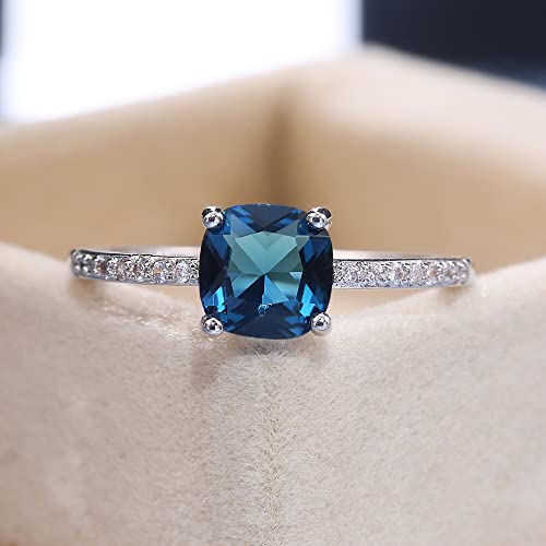 Vintage Emerald Peacock Blue Ladies 925 Sterling Silver Inlaid Sapphire Diamond Rings Square Zircon Ring Womens Shiny Blue Gemstone Engagement Wedding Promise Band CZ Ring (6)3