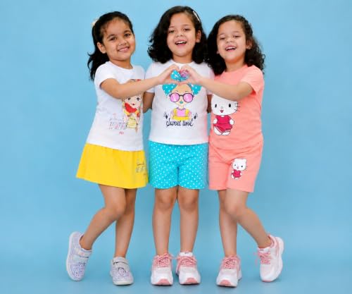 Image of Chandrika Kids Cotton Coordinated Set Pack of 3 half Sleeve And sleeveless T-Shirts & Shorts and skirt Baby Girls Summer Dress Combo