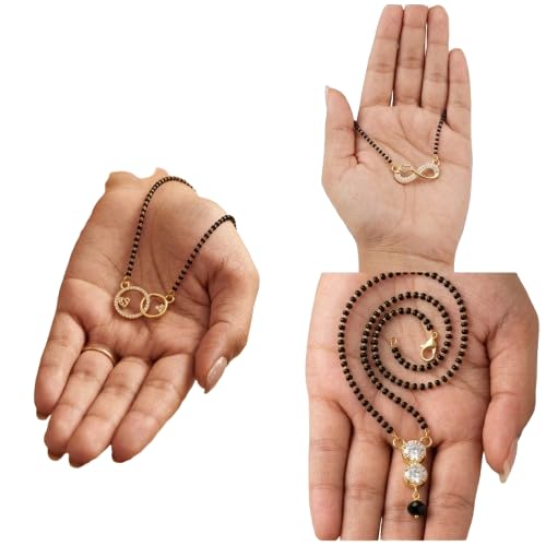 Elegant Gold-Plated Infinity & Designer Pendant Mangalsutra with Black Beads Chain | Traditional Indian Bridal Mangalsutra Necklace | Daily Wear & Wedding Jewelry for Women(pack of 3)
