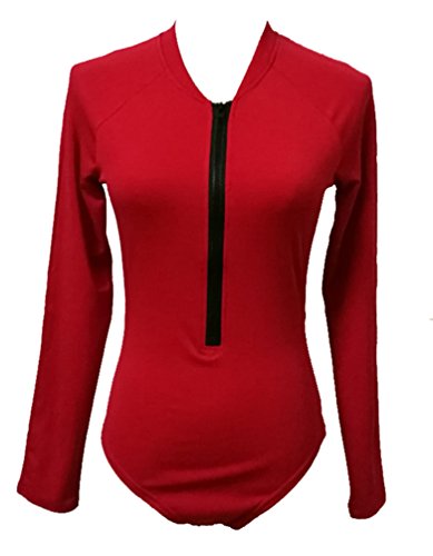 Women's One Piece Swimsuit Long Sleeve Backless Monokini Solid Swimwear Swimming Suits (Red, CN L)