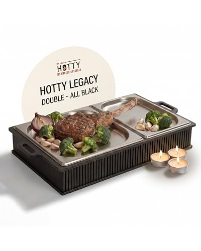 INEXTERIOR Hotty Legacy Warmhalteplatte fürs Grillen BBQ-Design Speisenwärmer Stövchen für Grillgut mit Kerzen BBQ-Board für Grillpartys (All Black L)