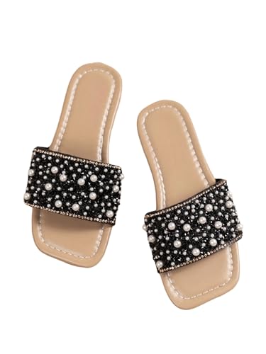 Image of GORGLITTER Girl's Pearls Dress Flat Sandals Glitter Rhinestone Summer Open Toe Teens Slides