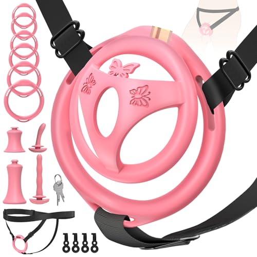 Male Flat Chastity Cage Pink Butterfly Sissy Chasity Cage with Adjustable Chastity Belt 6 Cock Rings Inverted Chastity Devices with Catheter Invisible Lock BDSM Sex Toys for Men