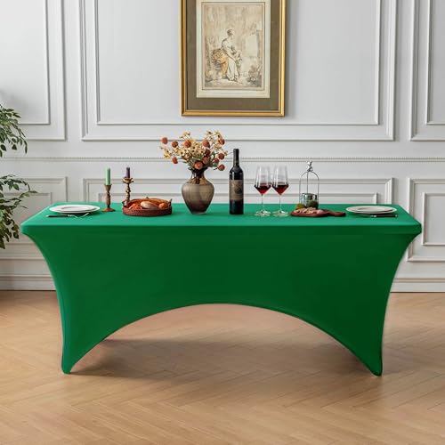 Image of FOLINS&HOME 2 Pack Emerald Green 4ft Fitted Water Resistant Tablecloth | Washable Spandex Elastic Rectangle Table Cover for 4 Foot Tables, Stretch Table Cloth for Weddings, Banquets, Parties (2 Pcs)