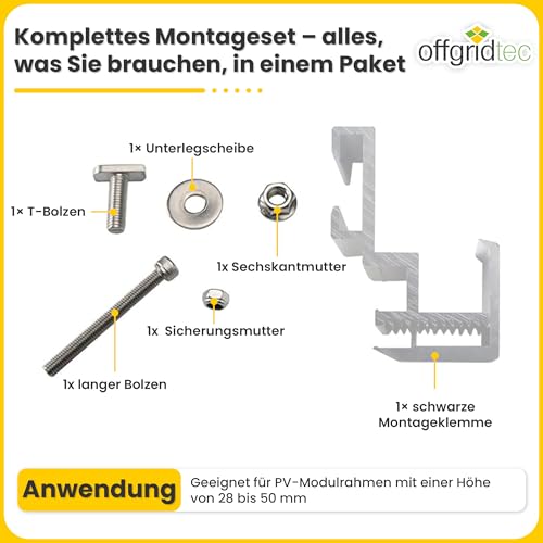 Offgridtec Mikro-Wechselrichter-Befestigungsklemme, Montage auf der Rückseite für 28–50mm Solarmodulrahmen, geeignet für alle gängigen Mikro-Wechselrichter-Marken, aus Edelstahl und Aluminium, Silber
