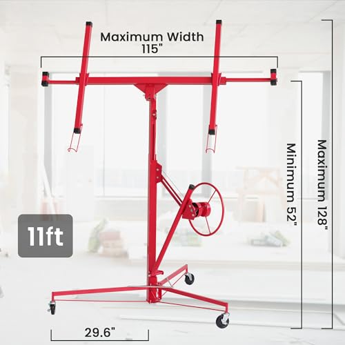 Elevon 11FT Drywall Lift Panel Hoist Jack Lifter, 150LBS Heavy Duty Sheetrock Lift, Rolling Caster Wheels, Lockable Construction Tools, Adjustable Telescopic Arm, Red