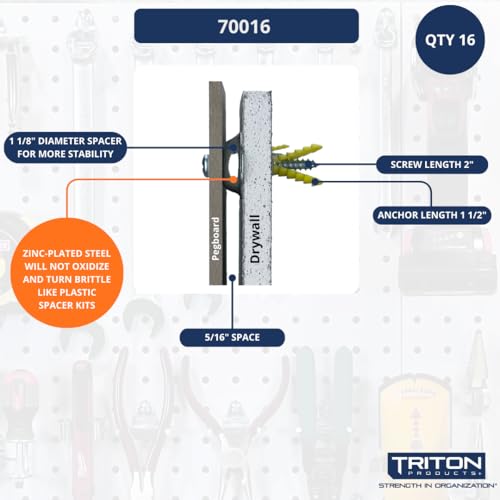 Triton Products Pegboard Mounting and Spacer Kit for Wall and Garage Organization, Zinc-Plated Steel, 16 Pieces