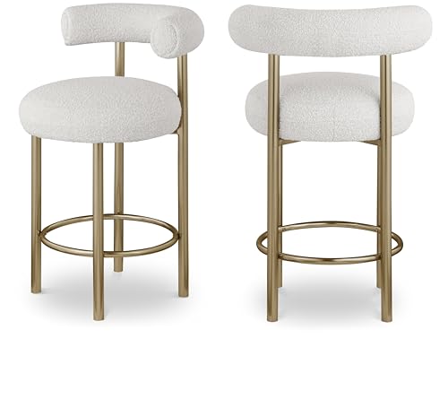 Meridian Furniture 547Cream-C Bordeaux Collection Modern | Contemporary Boucle Fabric Stool, Rich Cream Boucle Fabric, Brushed Brass Finish, Iron Metal Frame, 23" W x 22" D x 35.5" H, Cream, Set of 2