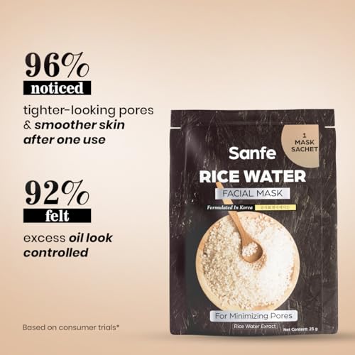 Image of Sanfe Rice Water Facial Mask, Korean Sheet Mask with Rice Water Extract, Minimizes Pores, Refines Skin Texture, Brightening and Hydrating, 25g, 1 Count