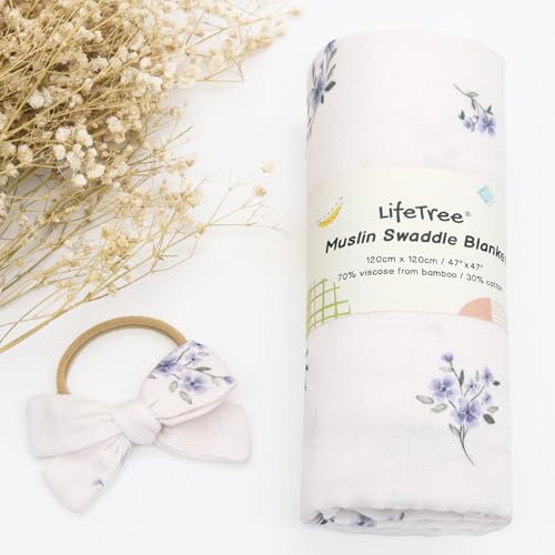 Image of LifeTree Baby Muslin Swaddle Blankets for Boys & Girls, Newborn Swaddle Set with Matching Headband Bow, Infant Blanket Wrap, 47 x 47 inches, Purple Flower, 70% Viscose from Bamboo and 30% Cotton