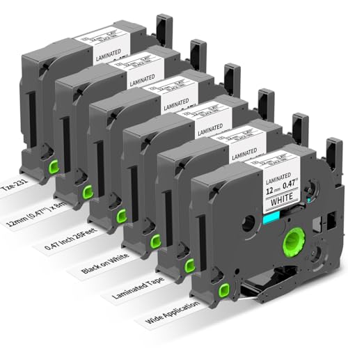 Freshworld 6-Pack Replace for Brother Label Maker Refills TZe-231 12mm 0.47 Black Ink on White Tape Laminated Compatible with Brother Label Maker Tape for P-Touch PTD210 D220 H110 H111 D410 610BT CUBE