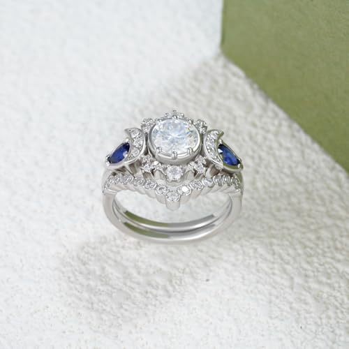 Triple Moon Goddess Rings for Women, Round Cut Moissanite Wedding Ring Set for Her, 10K 14K 18K Gold Moon Phase Engagement Bridal Ring Set with Sapphire for Women Jewelry Gift2