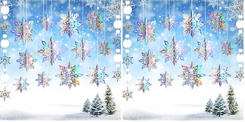 Image of JULMELON 12Pcs Frozen 3D Hanging Snowflakes Decorations, Holographic Snowflakes Garland Silver Snowflakes for Winter Wonderland Decorations Frozen Birthday Party Supplies (Pack of 2)
