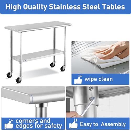 Image of ROCKPOINT Stainless Steel Table for Prep & Work with Caster Wheels 18x72 Inches, NSF Metal Commercial Kitchen Heavy Duty Table with Adjustable Under Shelf and Table Foot for Restaurant, Home and Hotel