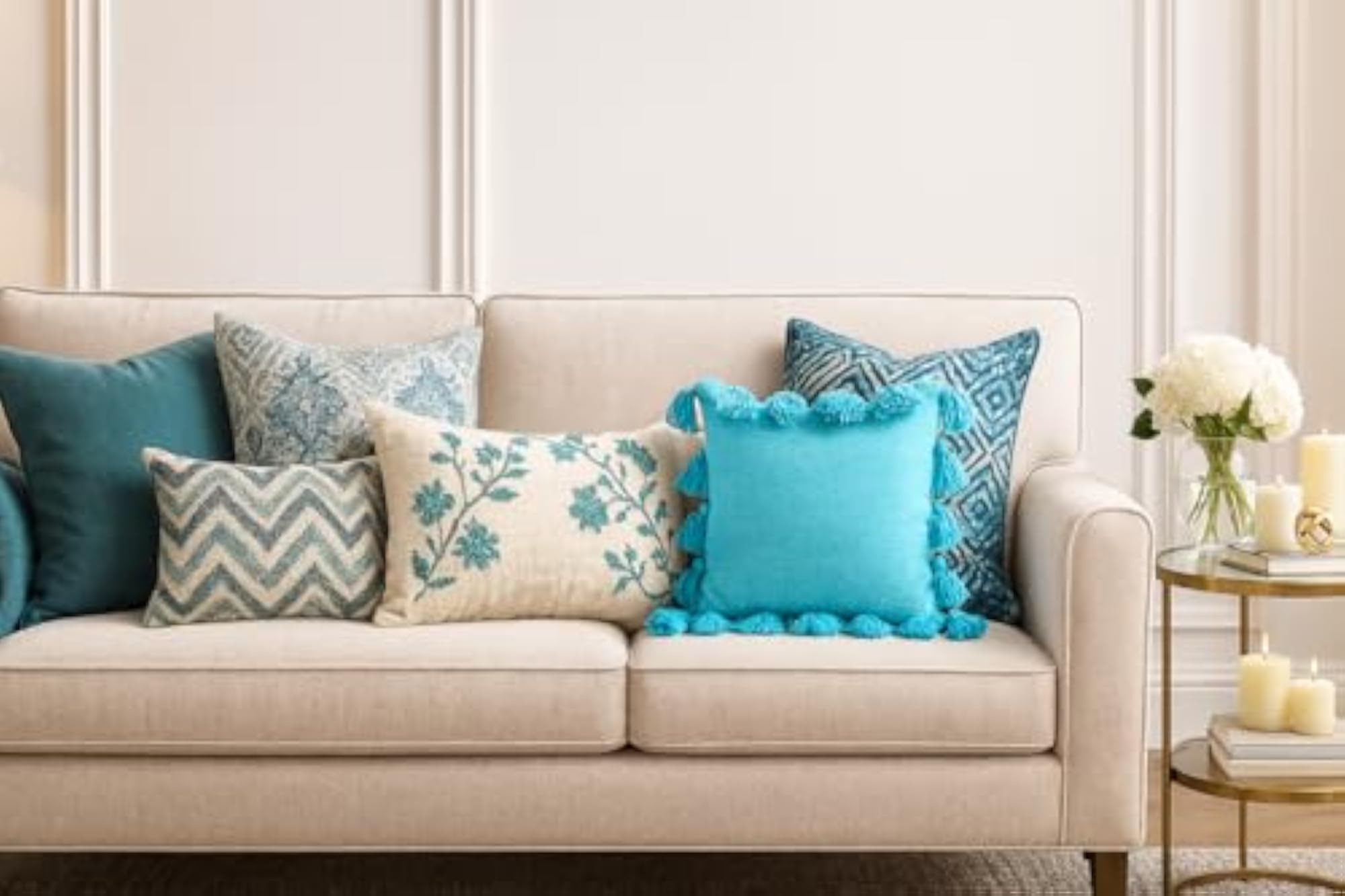 Ice Blue Tassel Cushion Cover Set of 1, Handmade