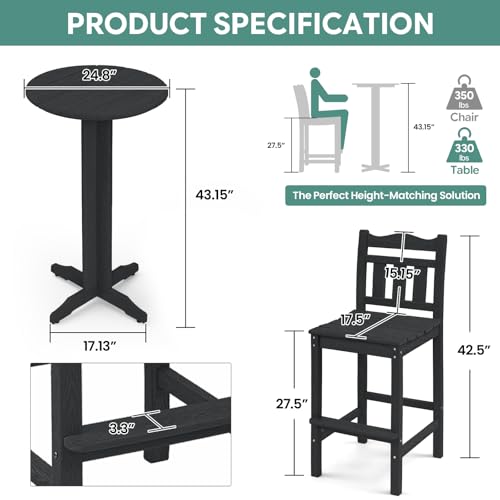 Image of Outdoor Bar Stools Set of 2, HDPE Tall Adirondack Bar Chairs 27.5 Inch Seat Height w /Backrest, All Weather Patio Bar Height Chairs for Bistro Balcony Deck Poolside (Black)