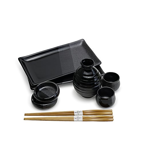 Japanese Porcelain Black Night Sake and Plate Set-9pcs
