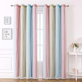 KAHEAUM Blackout Curtains for Living Room Girls Kids Bedroom Curtains Eyelet,Soundproof Thermal Curtains for Winter,Voile Net Curtains for Windows,2 Panel 46 x 54 inch Drop Rainbow Green Pink Curtain