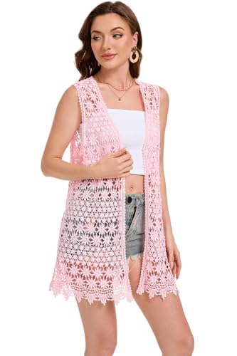 Image of GLEAMISS Women's Crochet Floral Vest Lace Trim Boho Sleeveless Cardigan