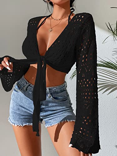 SOLY HUX Women's Deep V Neck Tie Front Hollow Out Long Sleeve Beach Swimsuit Bikini Cover Up Top4