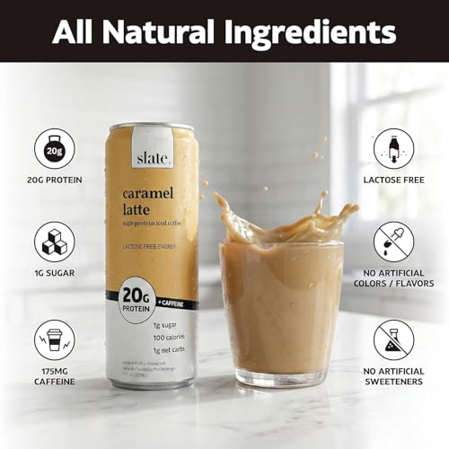 Image of Slate Milk - High Protein Iced Coffee - Caramel Latte - 175mg Caffeine, Lactose Free Energy - 20g Protein, 1g Sugar, 100 Calories, 1g Net Carbs, No Sugar Added - Protein Coffee - 11 fl oz, 48 Cans