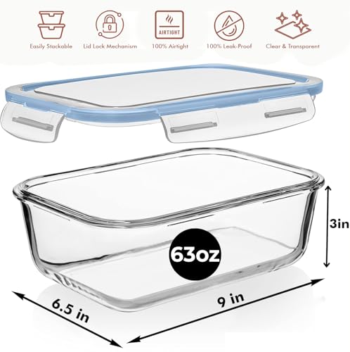 Image of Razab 4 PC 1860ml / 63 Oz / 8 Cups Large Glass Food Storage Containers with Lids - Glass Meal Prep Containers for Roasting & Storing Leftover, Lunch Container with Lids, Microwave & Oven Safe