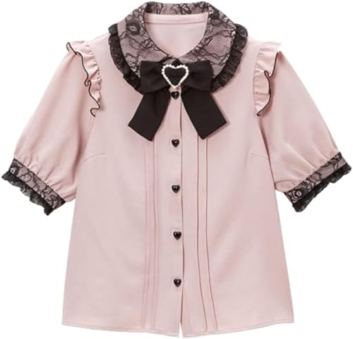 Pokn Lolita Fashion Jirai Kei Fashion Women Lolita Blouse Lace Short Puff Sleeve Shirt Gothic Kawaii Ruffle Top with Bow