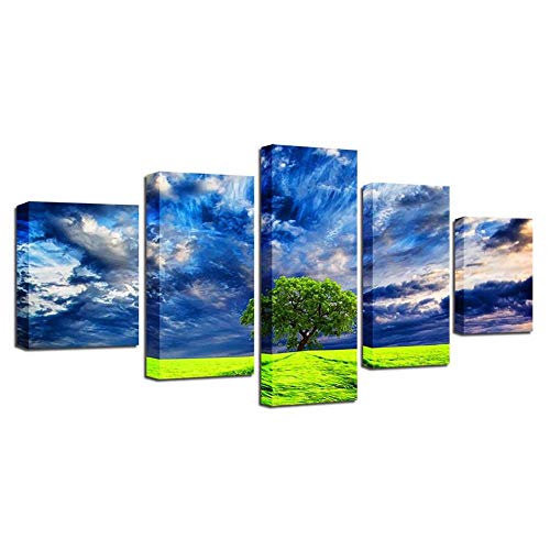Toile 5 pièces ciel bleu et arbre vert pour décorer un salon lumineux ou un bureau calme