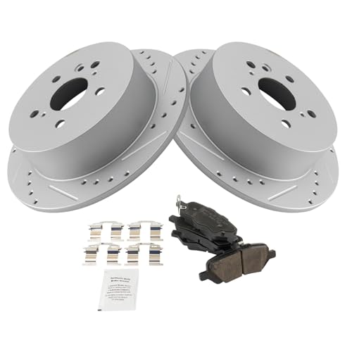 Image of TRQ Performance Rear Brake Pad and Rotor Set Ceramic Coated Drilled Slotted Rotors Compatible with 2009-2015 Toyota Venza