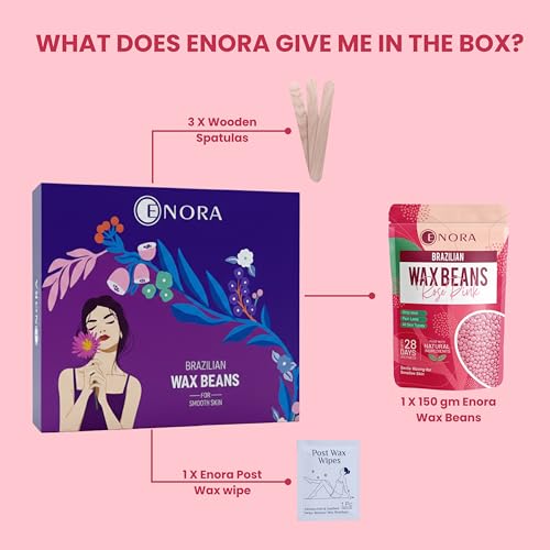 Image of ENORA Brazilian Stripless Wax Beans for Women (150g) | With Wooden Spatula | Natural | For Face, Chin, Hairline, Bikini Area & Full Body Hair Removal (150 Gram, Rose Pink)