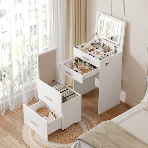 PulseFay 3 in 1 Vanity Desk with Flip Top Mirror Compact Vanity with 3 Drawers Makeup Desk with 3 Colors Lights and Storage Cushioned Stool Dressing Table Nightstand Perfect for Bedroom White