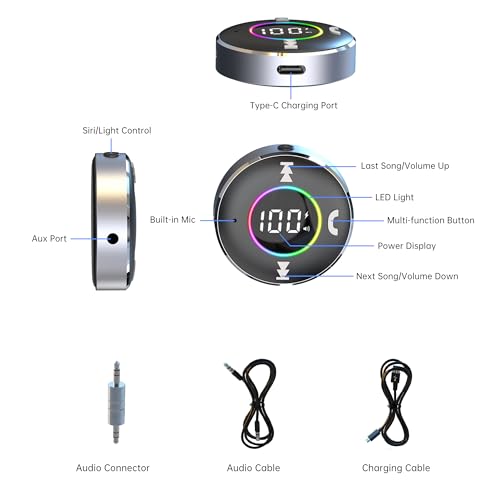 Laicomein Bluetooth Receiver For Car, Bluetooth 5.3 Aux Adapter With Led Battery Display And Ambient Light, Wireless Audio Receiver For Car/Home Stereo/Speaker/Wired Headphones  thumb #2