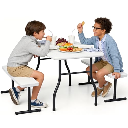 Family Glamping: Luxury Camping for Parents and Kids 6 Kids Picnic Table with Benches, 38" Outdoor Toddler Table Set for 4 Children, Heavy Duty HDPE Play Table, 300LBS Capacity, Kids patio table and Chairs for Backyard, Park, Garden, Crafting and Indoor