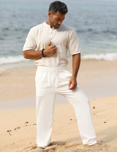 iWoo Linen Pants Men Casual 2025 Summer Beach Elastic Drawstring Waist Yoga Pants Travel Baggy Work Pant Pajama4