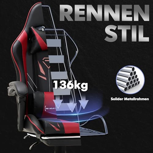 COLAMY Gaming Stuhl, Computer Stuhl mit Fußstütze und Lendenwirbelstütze, höhenverstellbarer Gaming Chair mit 360°-Drehsitz und Kopfstütze, Video Gamer PC Stuhl, Ergonomische hohe Rückenlehne, Rot