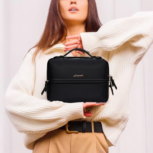 LOVEVOOK Travel Toiletry Bag With Hanging Hook for Women, Puffy Cosmetic Makeup Bag Organizer with Vegan Leather Handle for Accessories, Essentials, Toiletries，Black2