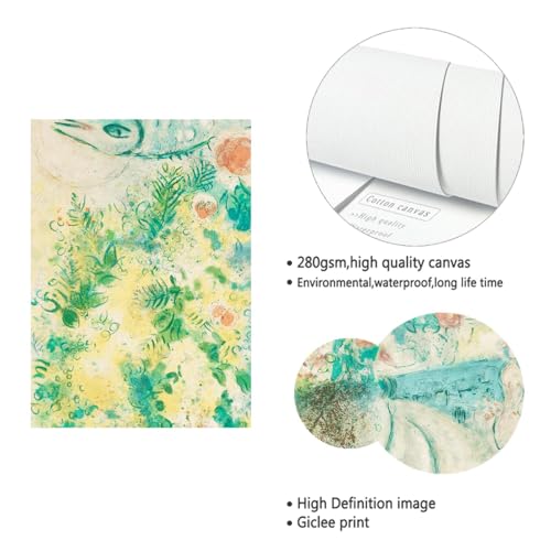YUNART Gerahmte Leinwand Wandkunstdrucke Marc Chagall Rosen und Mimose Vintage gespannte und gerahmte Giclée Kunstwerk Bilder Druck auf Leinwand 70x90cm Innenrahmen
