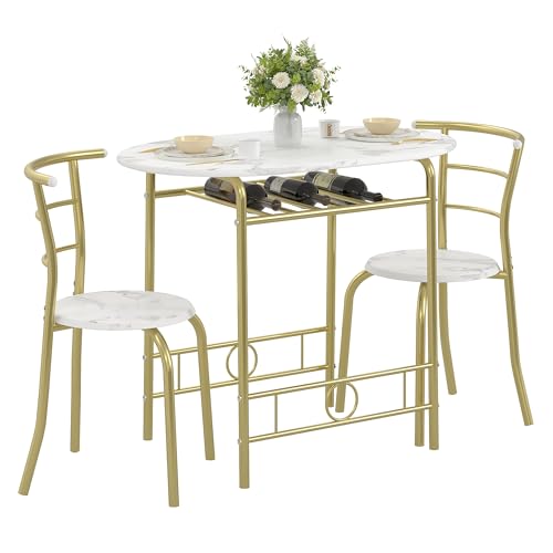 Image of VECELO 3-Piece Dining Table Set for Kitchen Breakfast Nook, Wood Grain Oval Tabletop and Metal Frame with Built-in Wine Rack, for Small Spaces, White & Gold
