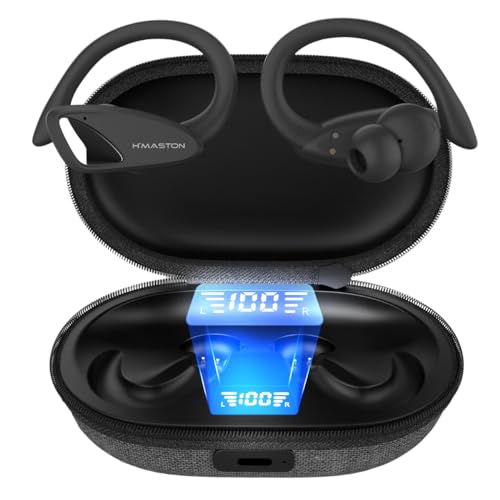H'MASTON Fone de Ouvido Sem Fio Esportivo Fone BLuetooth 5.3 Tws Cancelamento de Ruído Com Microfone e Led Display Compatível com Sumsung (Retrô-RS-53 UP, Preto)