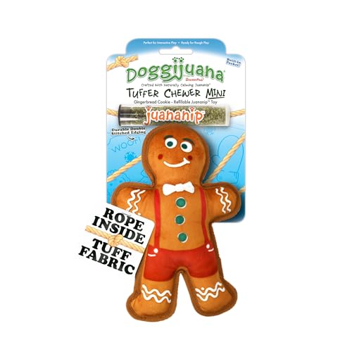 Doggijuana | Tuffer Chewer Mini - Interactive Dog Toy with Juananip Refill | Refillable Durable Holiday Dog Toy for Engaging Play and Natural Calming (Gingerbread Cookie)