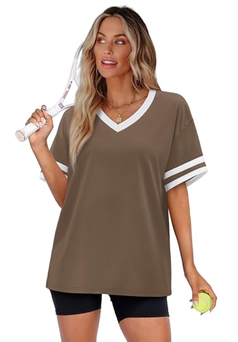 Image of WIHOLL Womens T Shirts Loose Fit Short Sleeve Tees V Neck Color Block Summer Tops 2026 Fashion S-4XL