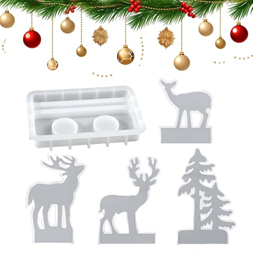 Moules de silicone de Noël, 5pcs Kit de moisissure de résine réutilisable avec arbre de Noël et wapitis, antiadhésif, facile à démoulonner, pour bougies, savon, artisanat, plâtre, argile