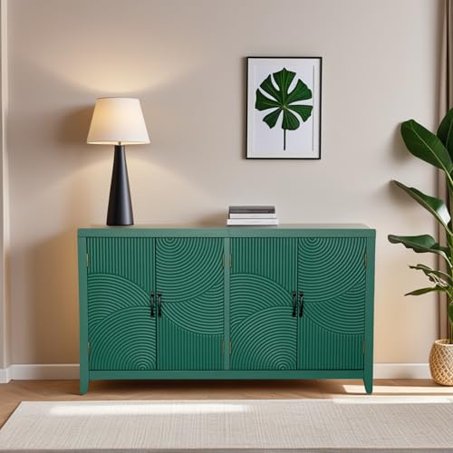 Image of Green Solid Wood Sideboard Buffet Cabinet with Storage - Modern Wave Design with Removable Shelves, for Kitchen, Living Room & Hallway (Green Finish)