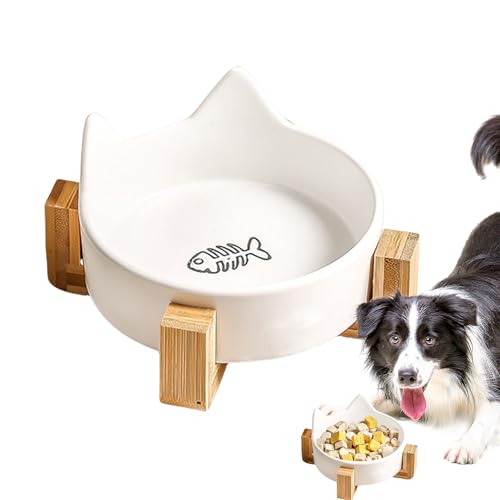 スタンド付きの猫の給餌ボウル - セラミックペットの水皿、アンチスピルキャットフードボウル、安定した犬の猫フィーダー|木製のホルダー付きのかわいい猫の耳のボウル、屋内猫と子犬のための非スリップペット給餌料理